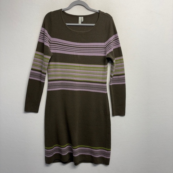Sahalie Wool Cotton Blend Long Sleeve Knit Striped Midi Dress Brown Purple L - Picture 1 of 7